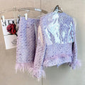 High Quality Elegant Violets Tweed Women Set Single-breasted Feather Beaded Tassel Jacket & High Waist Shorts Suit Fashion Party