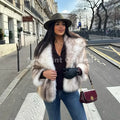 2026 Winter Exclusive Striped Faux Fur Jacket Women Overcoat Brand Blogger Fashion Fluffy Fox Fur Collar Coat Outerwear