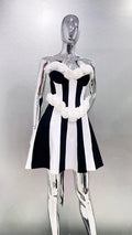 Women's Spring 3D White Rose Black White Striped Tube Top Skirt Fashion Elegant Dinner Party Bandage Performance Gown Robe Femme
