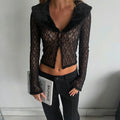 Patchwork Fur Collar Lace t-Shirt Women See Through Single-Breasted Full Sleeve v-Neck Skinny Sexy Midnight Crop Tops