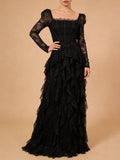 Wedding Guest Pink Square Collar Lace Maxi Dress for Women Corset Bodice Long Sleeve Tiered Ruffle Skirt for Luxury Dinner