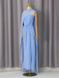 Light Blue Ruched Bodycon Mermaid Maxi Dress for Women for Cape Sleeve Design Draped Skirt for Red Carpet Award Ceremonies