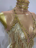 Women Sexy Stretch Mesh Sparkly Rhinestone Tassels Mini Dress Nightclub Singer Dance Stage Costume Evening Gowns