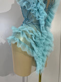 Shiny Rhinestone Birthday Bar Nightclub Stage Costume Sexy Strapless Sky Blue Mesh Ruffled See Through Evening Party Mini Dress