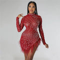 Sexy Pearls Rhinestone Party Dresses Women Elegant Nightclub Feather Birthday Dress Long Sleeve Mesh Sheer Bodycon Dress