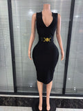 High Quality Women Sleeveless Sexy Tank V-Neck Bodycon Midi Bandage Dress Elegant Evening Party Office Lady Celebrate Outfit