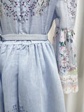 Blue Retro Romantic Floral Print Swing Dress for Women Stand Collar Flare Sleeve Waist Tie Design Mid Skirt for Travel Shoot