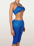 Wild Vacation 2 Piece Set Women Polka Dot Print Halter Tank Tops+Bike Shorts Stretch Matching Street Party Outfits