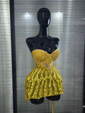Luxury Sparkly Sequins Diamonds Mesh Gold Short Skirt Birthday Dress Women Sexy Dance Performance Costume Singer Stage Outfit