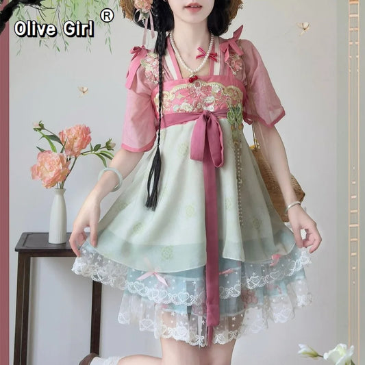 Olive Girl Red Embroidered Hanfu Dress for Ren Faire 2026 Garden Wedding Fairycore Photoshoot Everyday Wear S-L XS-3XL Plus Size Hand Embroidered Dramatic Silhouette Romantic Cottagecore Garden Party Editorial Not Costume Chinese Heritage Fashion Women