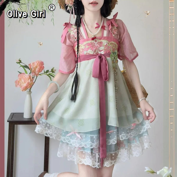 Olive Girl Red Embroidered Hanfu Dress for Ren Faire 2026 Garden Wedding Fairycore Photoshoot Everyday Wear S-L XS-3XL Plus Size Hand Embroidered Dramatic Silhouette Romantic Cottagecore Garden Party Editorial Not Costume Chinese Heritage Fashion Women