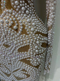 High Quality Women Sexy Rhinestone Pearl Mesh Transparent Dress Birthday Celebrate Dress Evening Party Dance Performance Costume
