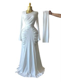 Classic Banquet Dress+Scarf Women Irregular Collar Flare Sleeve Elegant Pleat Patchwork Evening Stretch Slim Bodycon