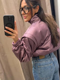 High Street Women's Bomber Jacket Coat Loose Fit Stand Collar Long Sleeve Crop Tops 2026 New Lady Outerwear Casual Daily Outfit