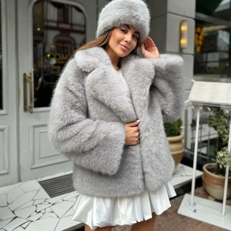 Solid Fashionable Fuax Fur Jacket for Women Lapel Long Sleeves Slim Spliced Lace Up Coat Female Winter Clothing New