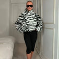 Chic Retro Zebra Print Cropped Jacket Trendy Oblique Placket Stand Collar Loose Fit Coat Lady Daily Street Party Outerwear