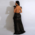 Women Sexy Dresses for Club Night Sequin Bodycon Party Club Night Out Dress Feather Backless Evening Formal Maxi Dress