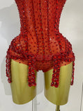 Luxury Sparkly Red Rhinestones Mesh Stretch Bodysuit Women Birthday Party Nightclub Bar Singer Dancer Performance Stage Costume
