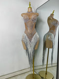 Sparkly Rhinestones Pearls Women Sexy Sleeveless High Split Mesh See Through Birthday Dress Nightclub Party Performance Costume