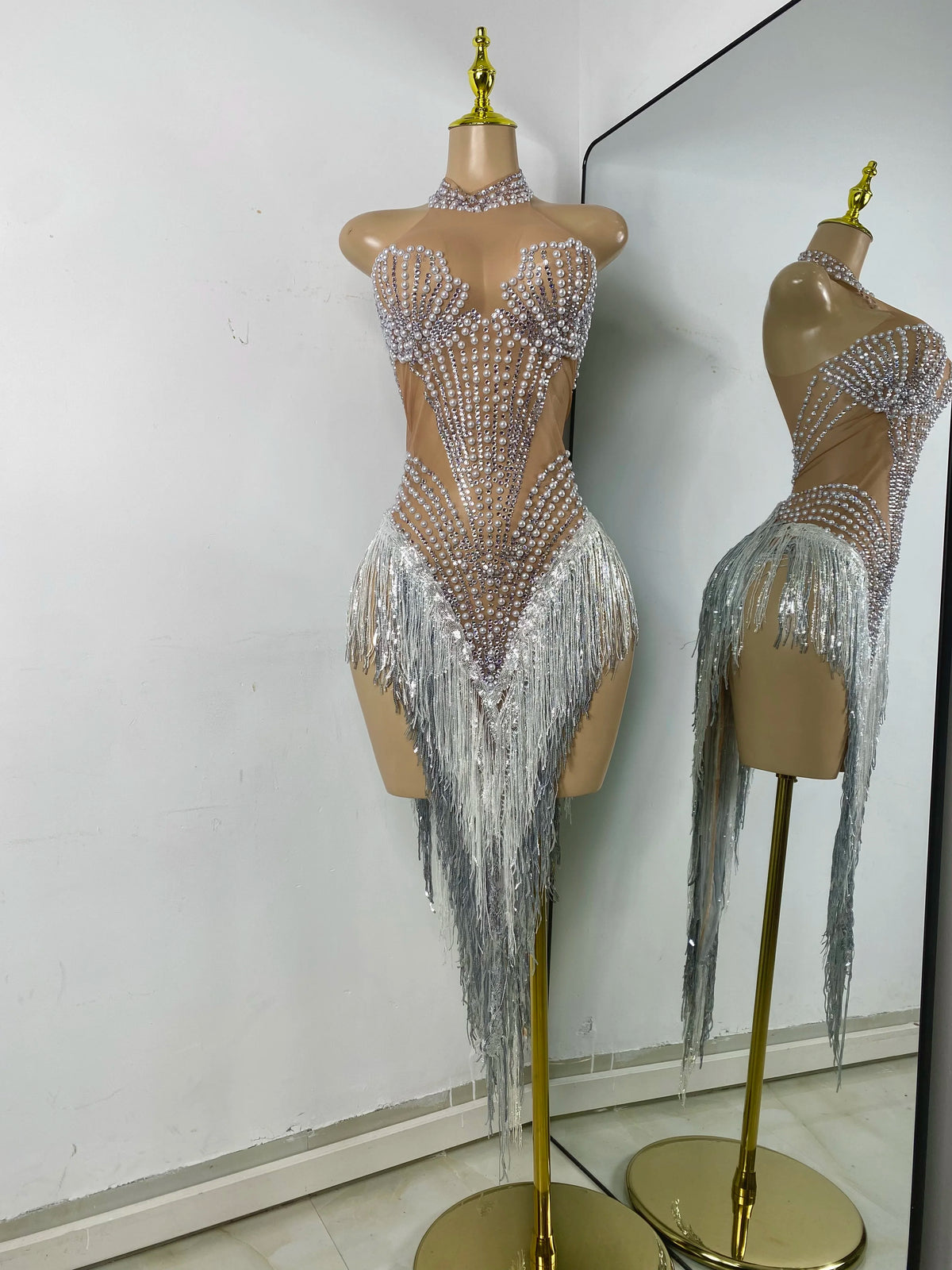 Sparkly Rhinestones Pearls Women Sexy Sleeveless High Split Mesh See Through Birthday Dress Nightclub Party Performance Costume