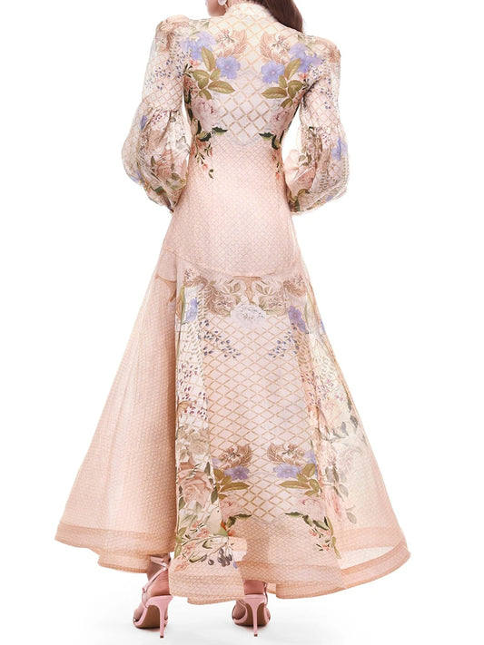 Elegant Floral Grid Print Flowy Dress for Women Stand Collar Long Sleeves Button Accent Skirt for Garden Wedding Reception
