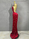 Sparkly Silver Crystal Studded Deep Cut Bodycon Satin Long Prom Gown Nightclub Dress