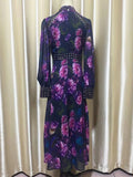Elegant Floral Printing Long Dressess For Women Stand Collar Lantern High Waist Spliceed Rivet Hollow Out Dress Female New