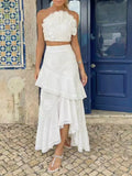Elegant Pink Two Piece Set for Women Lace Trim Tube Top Asymmetrical Tiered Ruffles Midi Skirt Outfits for Beach Getaways