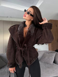 Women Brown Faux Fur Trim Suede Jacket Tie Belt Lapel Collar Long Sleeve Casual Chic Fall Winter Lady Commute Warm Outerwear New