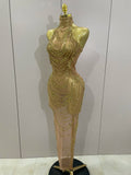 2026 Women Birthday Party Gown Stage Singer Performance Costume Luxury Sparkly Gold Rhinestone Sexy Transparent Mesh Long Dress
