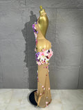 3D Floral Rhinestone Halter Maxi Bodysuit Dress Women Deep V Mesh See-Through Long Gown Carnival Rave Festival Performance Costume