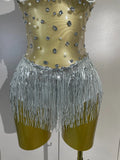 Women Sexy Mesh See Through Performance Leotard Dance Singer Show Stage Wear Luxury Sparkly Rhinestone Flower Tassels Bodysuit