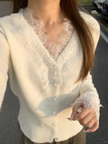 White Lace Knitted Cardigan for Women Elegant V Neck Button Sweater Cardigans Knitwears New Winter Autumn Clothing Black Jumpers