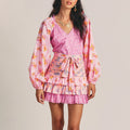 Hit Color Slimming Dresses for Women V Neck Long Sleeve High Waist Temperament Mini Dress Female Fashion