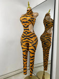 Sparkly Crystal Tiger Stripe Print Women Sexy Sleeveless Stretch Hollow Out Jumpsuit Nightclub Stage Performance Dance Costume