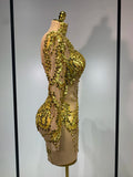 Women Sexy Long Sleeve Gold Rhinestone Dress Luxury Birthday Party Costume Bar Nightclub Celebrity Stage Performance Outfit