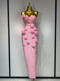 Newest Women Sexy Strapless Backless Red Flower Midi Bandage Dress Celebirty Elegant Evening Club Party Birthday Dresses