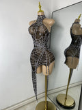 Sparkly Rhinestone Shining Women Sexy Bodycon See Through Irregular Hem Mini Dress Birthday Party Performance Costume