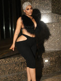 Furry Sexy 2 Piece Set Women Tracksuit Backless Tank Tops+High Waist Hollow Bike Shorts Nightclub Matching Outfits