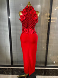Black Red Women Shining Sequins Florals Sexy O-Neck Bodycon Bandage Long Dress Evening Party Christmas Birthday Outfit