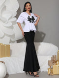 Elegant Rhinestone Appliques Half Sleeve Top&High Waist Mermaid Long Skirt Two Piece Set Women Formal Bandage Dress Set