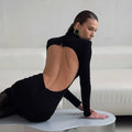 Black Turtleneck Backless Maxi Dresses Female Long Sleeve Slimming Minimalist High End Style for Luxury Cocktails