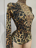 Sexy Sparkly Diamonds Leopard Print Bodycon Stretch Jumpsuit Women Eveing Party Nightclub Singer Dancer Stage Performance Outfit
