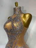 Luxury Women Sexy Sparkly Rhinestone Sleeveless Mesh See Through Bodycon Mini Birthday Dress Evening Party Performance Costume
