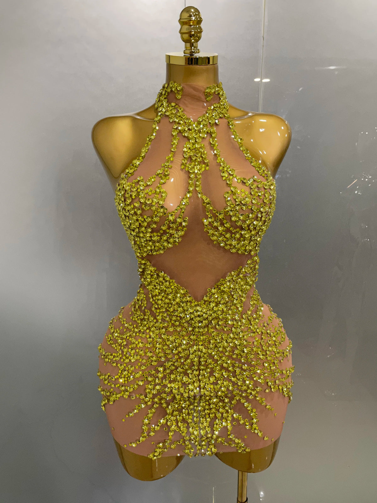 Sparkly Rhinestones Sexy Mesh See Through Mini Dress Party Evening Prom Celebrate Birthday Dress Singer Dancer Show Stage Wear