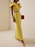 Solid Luxury Diamond Tops & Skirt Two Piece Sets For Women Bubble Short Sleeve Short Top High Waist Skirt Set Female New