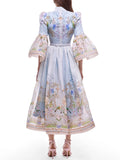 Blue Retro Romantic Floral Print Swing Dress for Women Stand Collar Flare Sleeve Waist Tie Design Mid Skirt for Travel Shoot