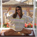 Women Rainbow Stripe Hooded Knit Cardigan Zip Front Drop Shoulder Side Pocket Loose Jacket Multicolor Textured Casual Daily Wear