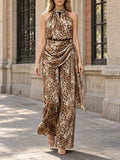Leopard Print Two Piece Set for Women Halter Neck Sleeveless Keyhole Front Top Wide Leg Pants Draped Waist for Casual Daily