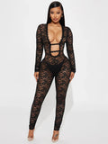 Sexy Jacquard Jumpsuit Women Sexy Mesh Patchwork Low-Neck Hollow Full Sleeve Skinny Midnight Party Clubwear Overalls